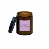 Rose Geranium artisan candle: natural, vegan, plant based & soy wax with no parabens poured in a vintage style pharmacy jar.