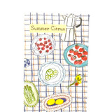 Heaven Scent Summer Citrus incense stick packet illustrated with a checked table cloth with plates of summer food on a white background. Shows 10 green sticks inside.