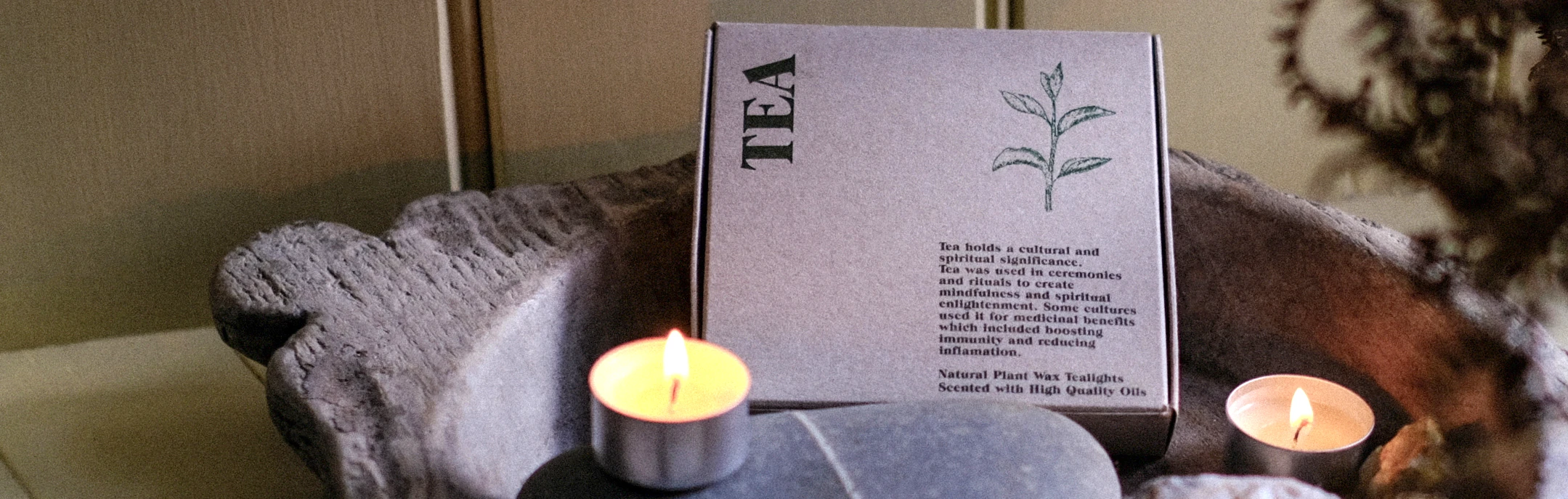 Heaven Scent's Tea aroma scented tealights. Shown in a bowl with the recycled gift box.