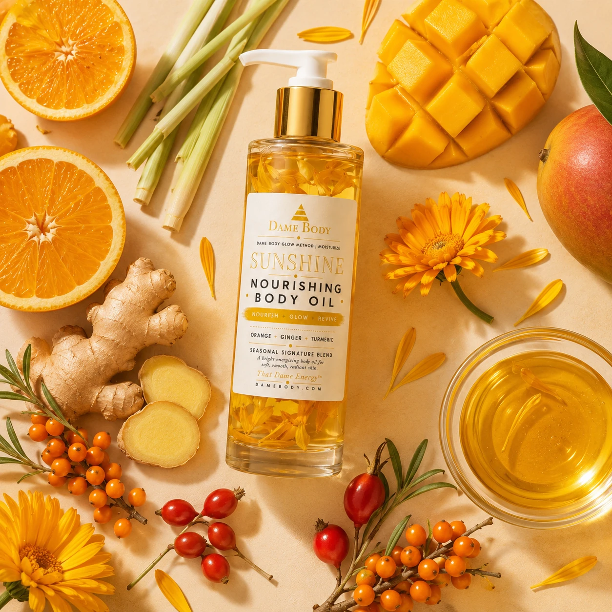Dame Body Sunshine Nourishing Body Oil with approved label