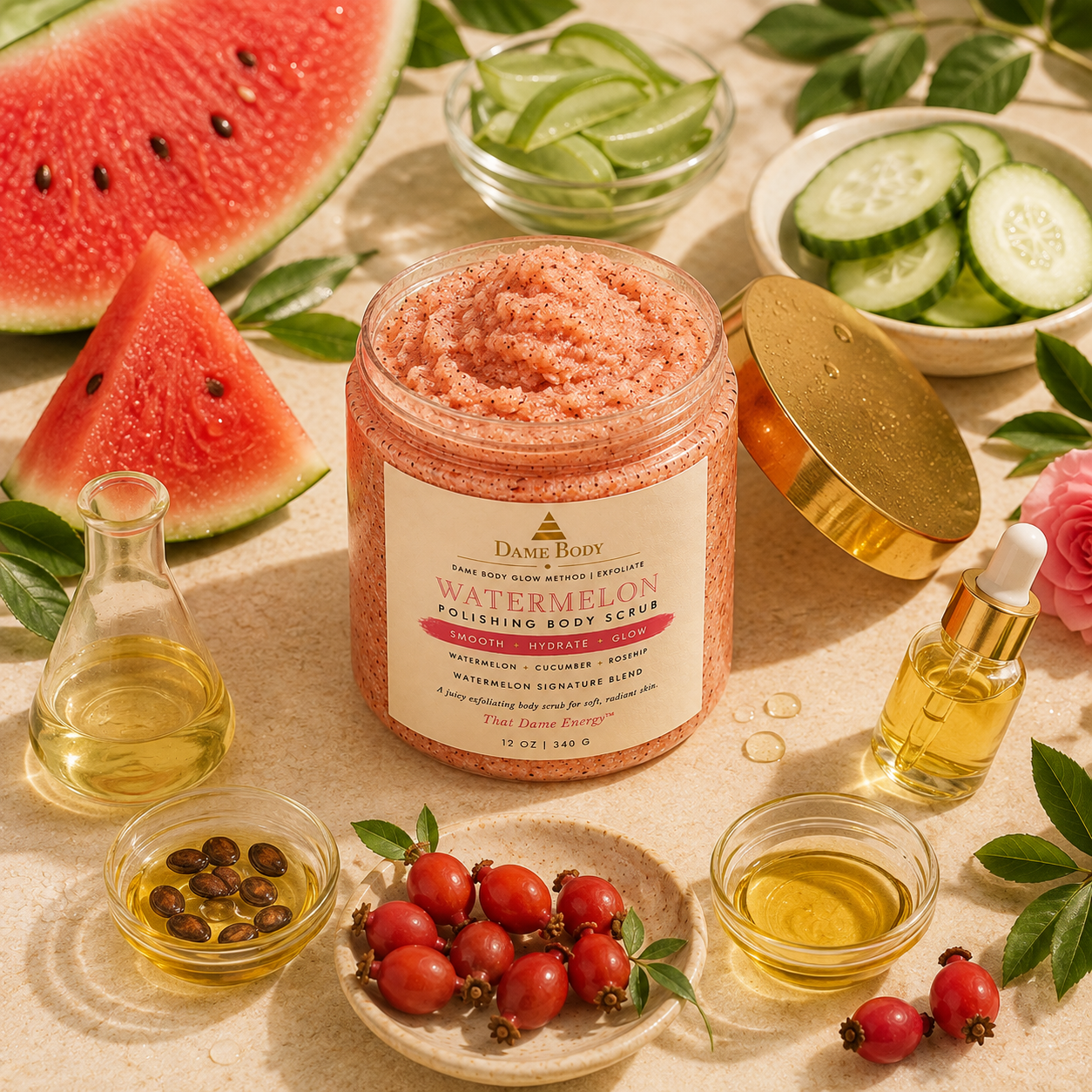 Watermelon Body Scrub ingredient story with watermelon, cucumber, rosehip, aloe, and lightweight botanical oils.