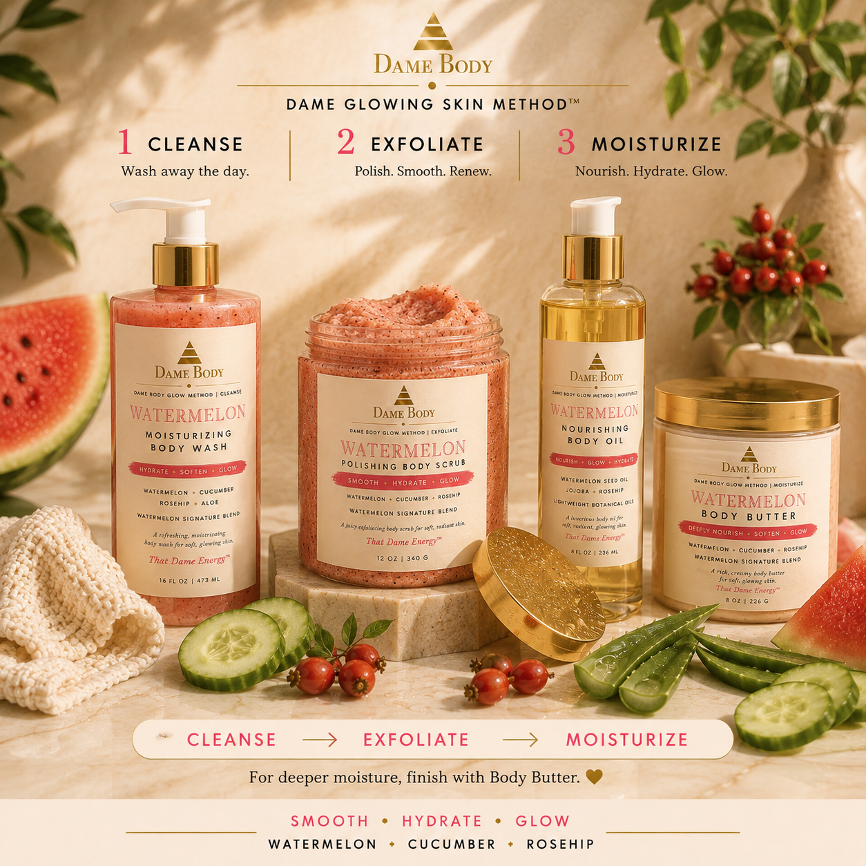 Watermelon Dame Body Glow Method with Moisturizing Body Wash, Polishing Body Scrub, Nourishing Body Oil, and Body Butter for deeper moisture.