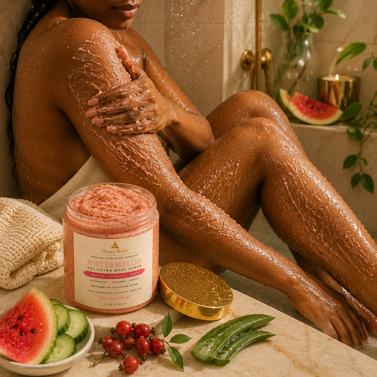 Black woman using Dame Body Watermelon Polishing Body Scrub on damp skin during a full-body exfoliation ritual.