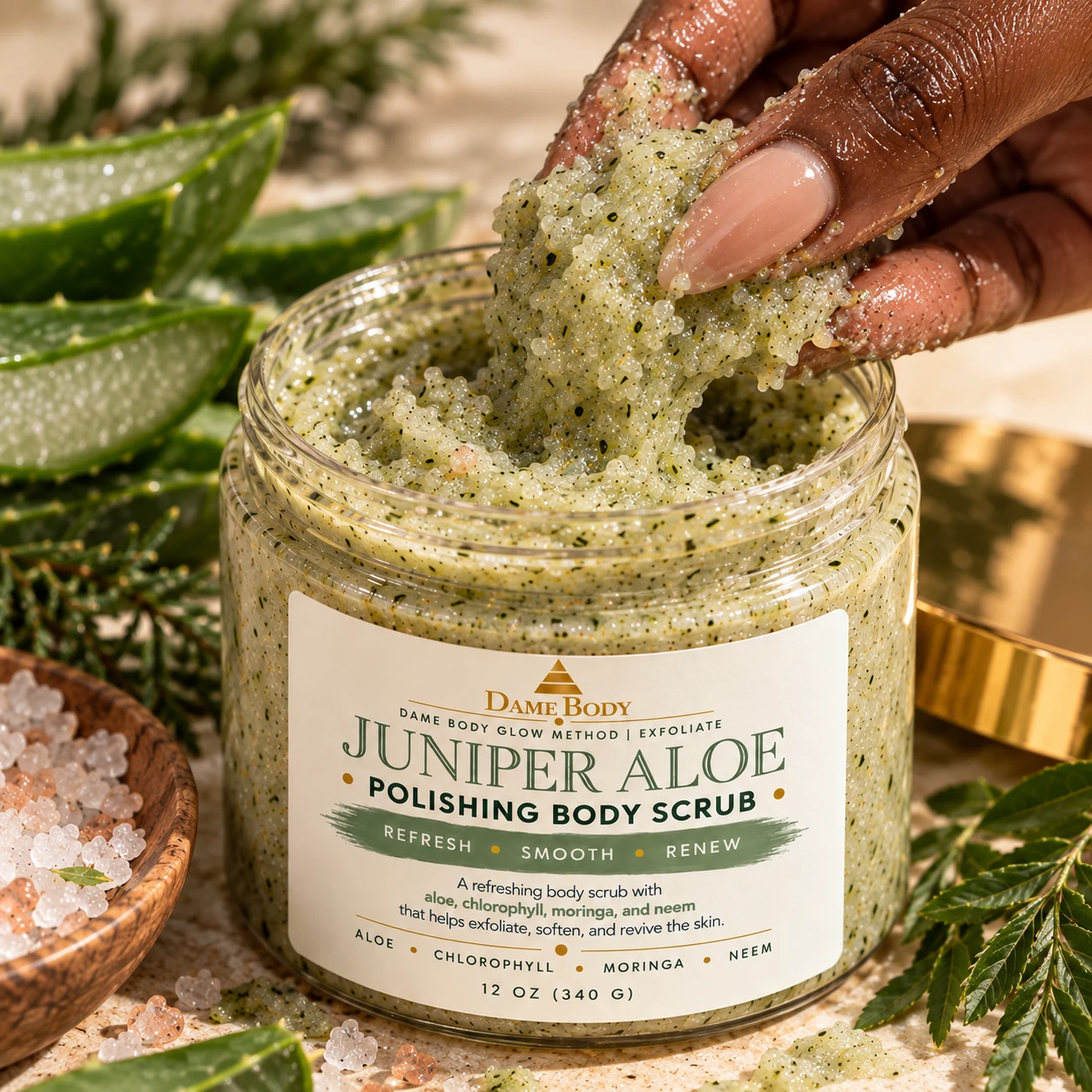 Hand scooping Juniper Aloe Polishing Body Scrub