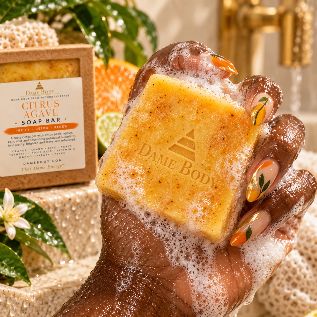 Citrus Agave Soap Bar held in a deep brown manicured hand with creamy lather during a fresh shower ritual
