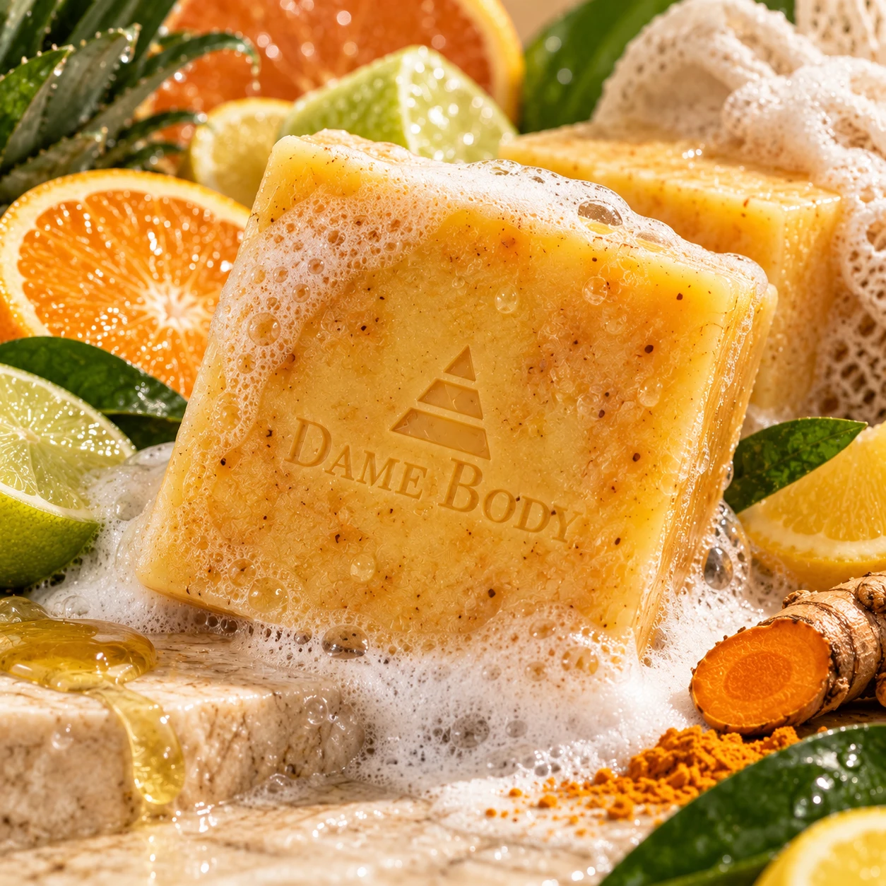 Dame Body Citrus Agave Soap Bar in kraft square-window box with unboxed golden botanical cleansing bar
