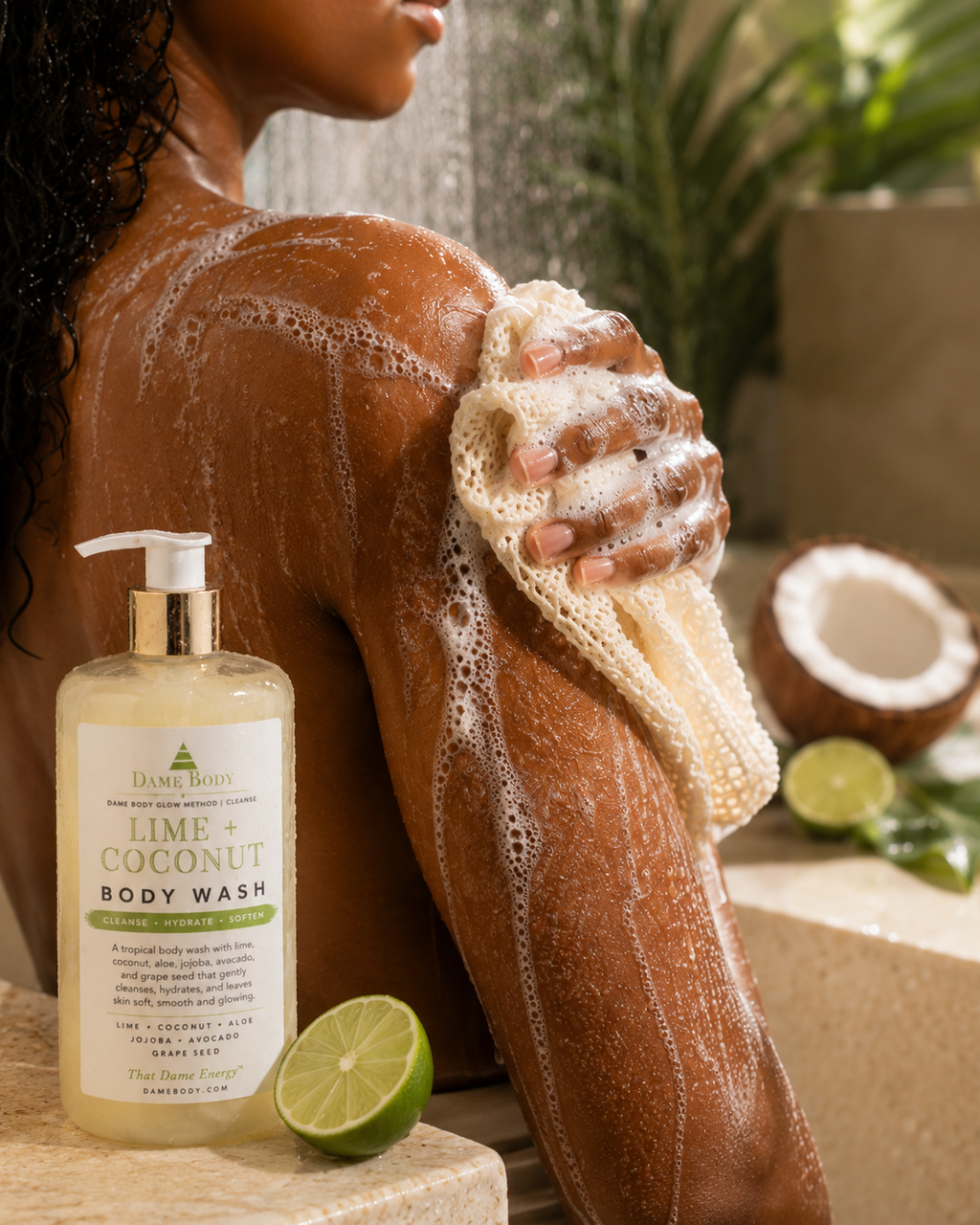 Lime + Coconut Body Wash cleansing deep brown skin during moisturizing shower ritual