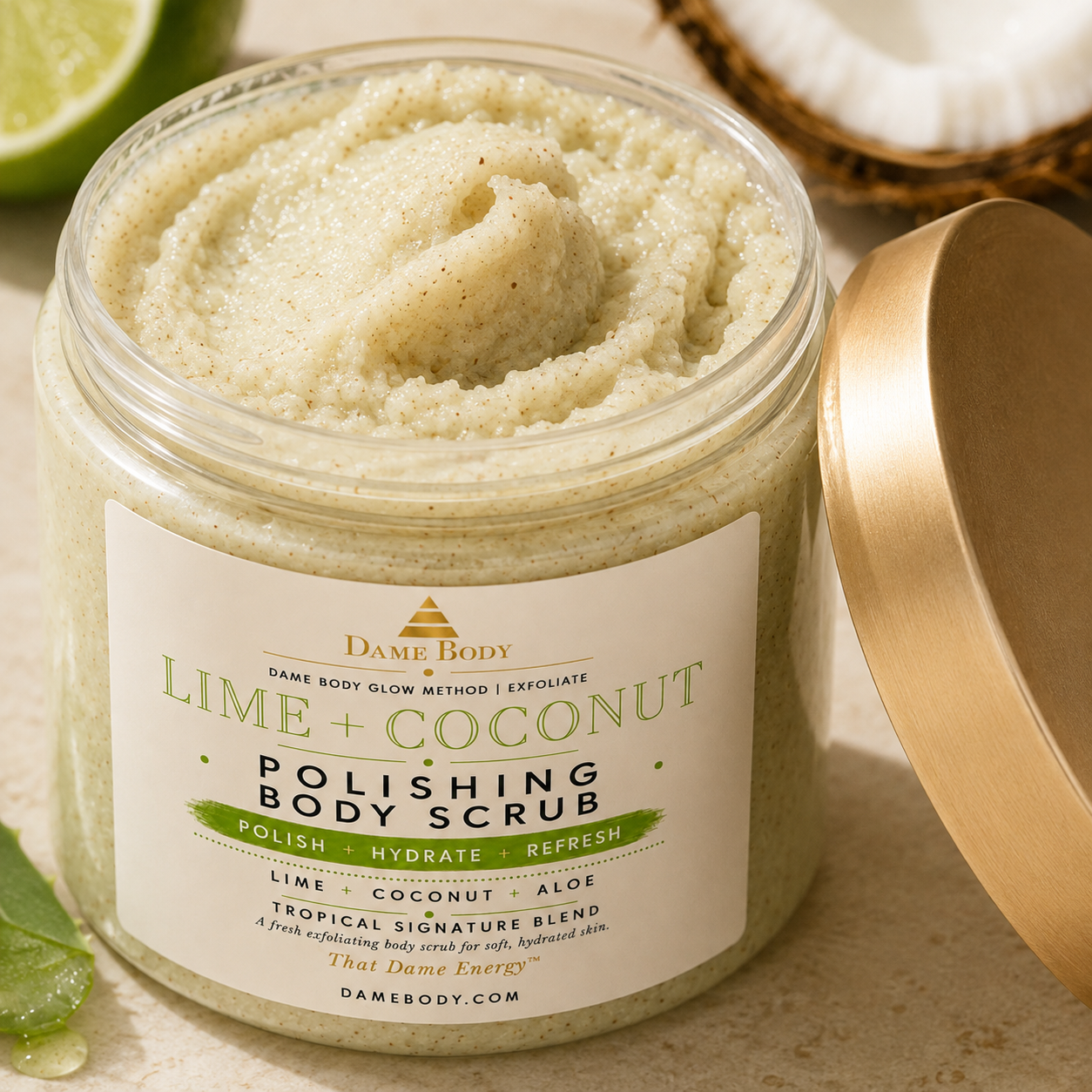 Close-up texture of Dame Body Lime + Coconut Polishing Body Scrub showing thick creamy exfoliating granules.