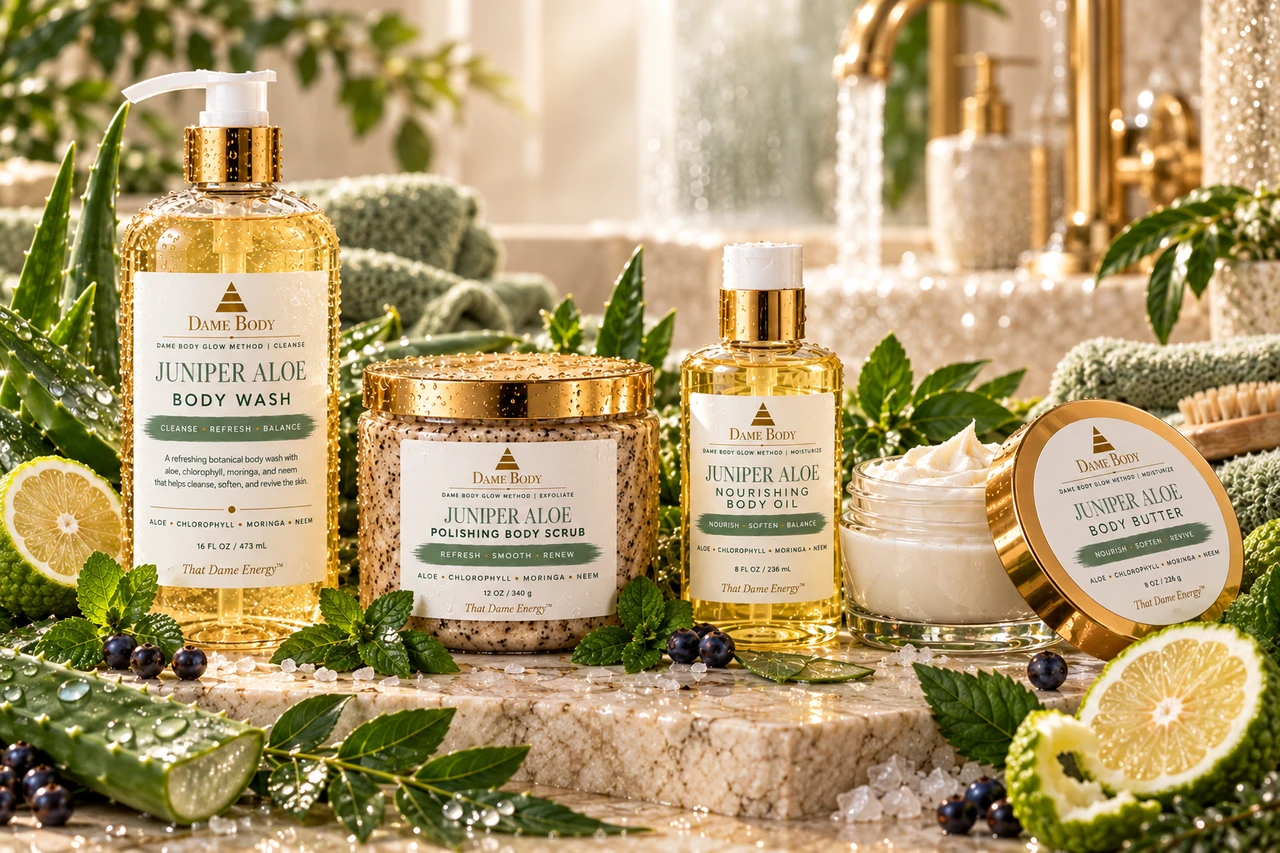Juniper Aloe body wash, polishing body scrub, oil and body butter styled as ritual pairing options