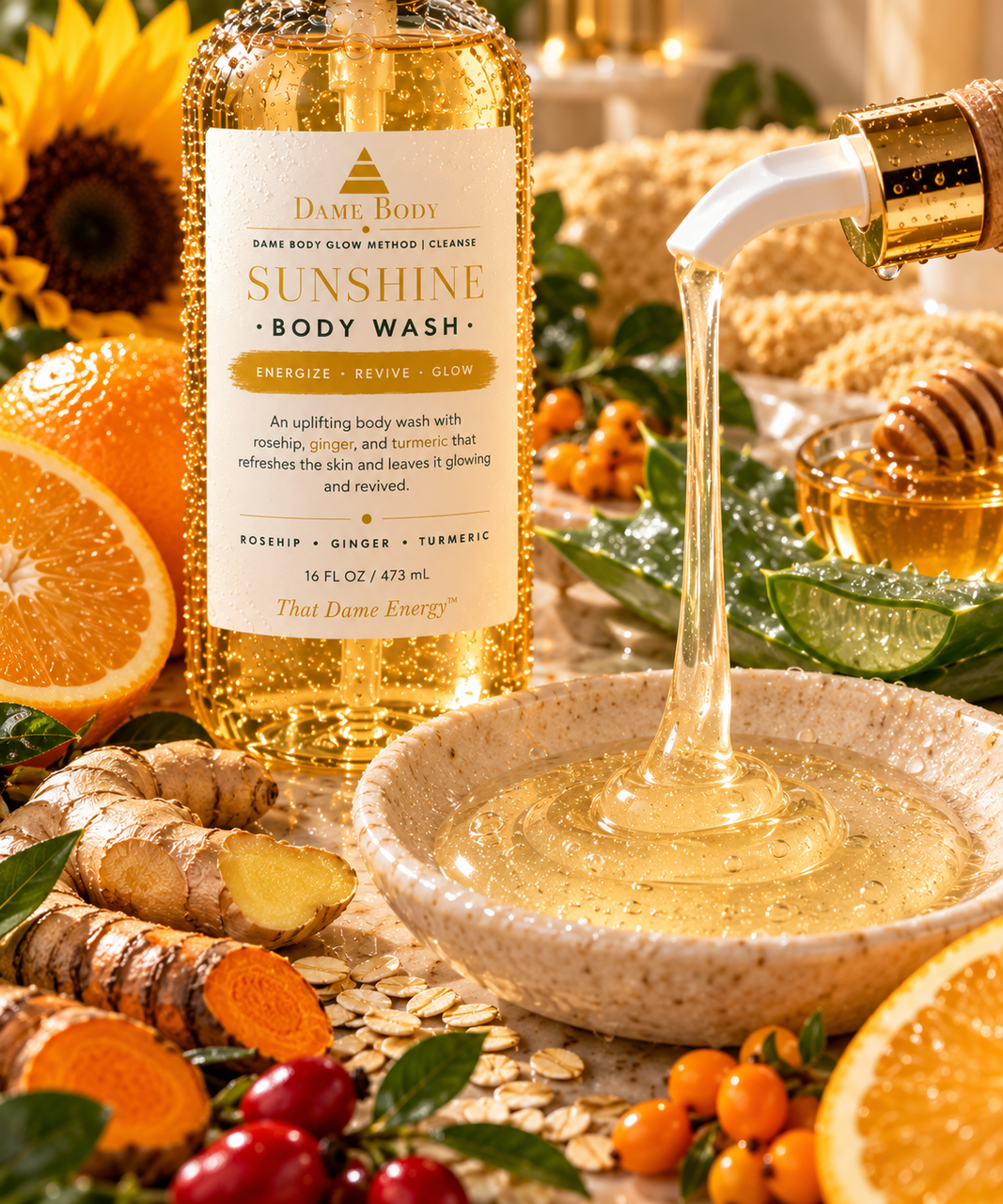 Sunshine Body Wash creamy moisturizing cleansing gel texture with golden botanicals