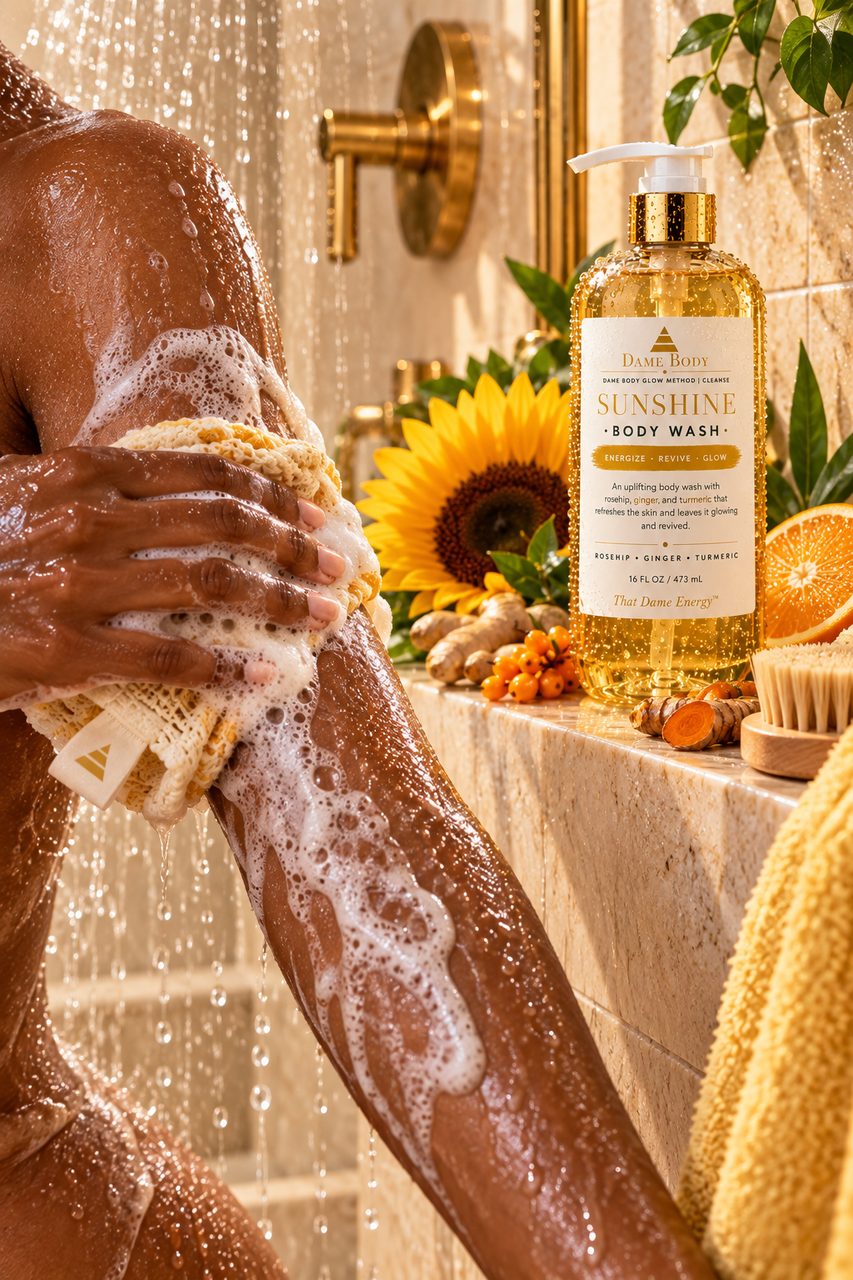 Sunshine Body Wash cleansing deep brown skin during energizing shower ritual