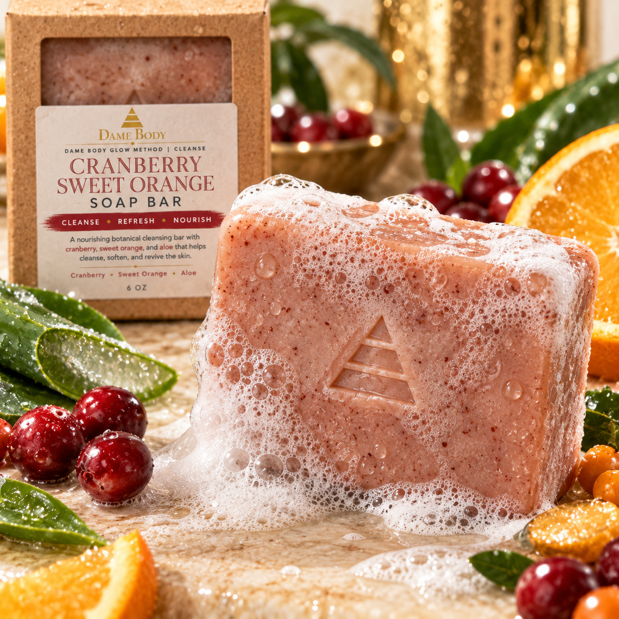 Cranberry Sweet Orange Soap Bar creating creamy lather on wet deep brown skin
