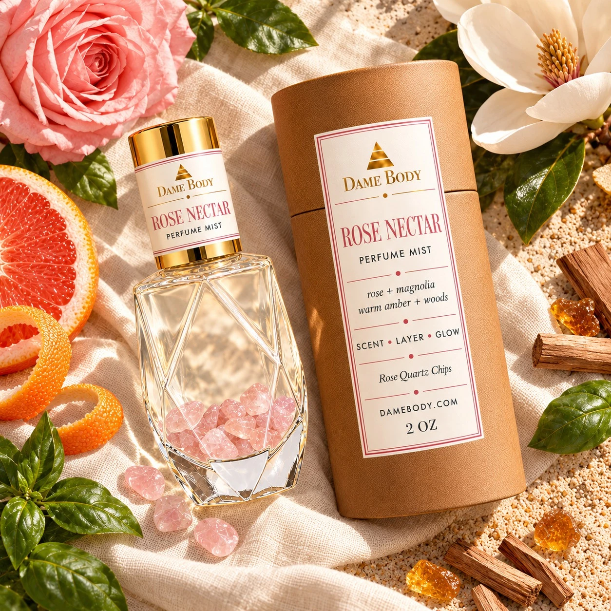 Rose Nectar perfume and kraft tube with rose, magnolia, basil, grapefruit, sandalwood, amber and golden-sand aroma references.