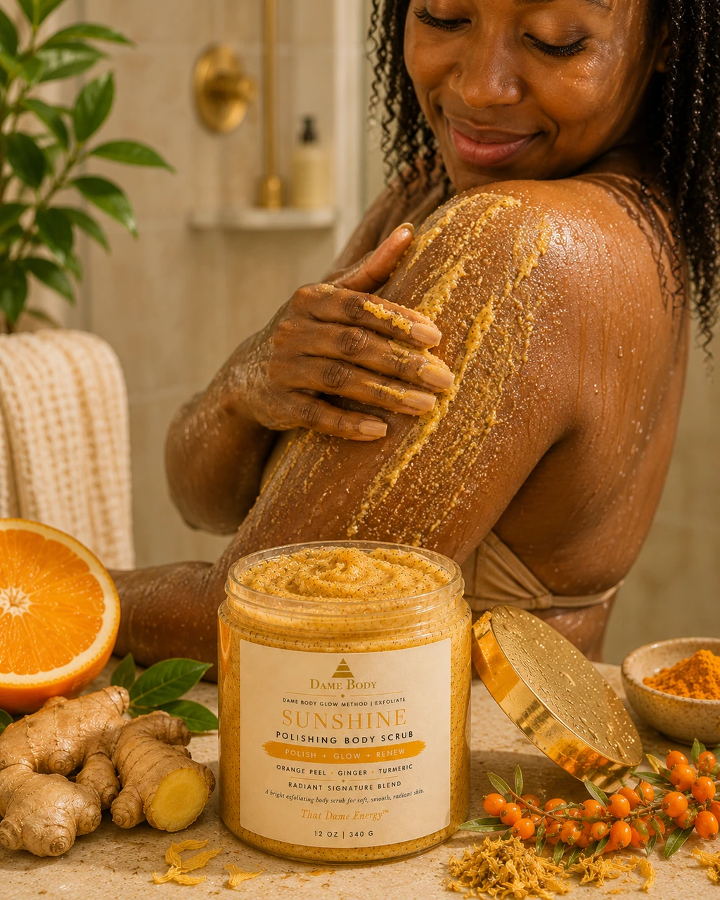 Black woman gently exfoliating damp shoulder and arm with golden Dame Body Sunshine Polishing Body Scrub during a warm shower ritual, with the open scrub jar displayed in front.