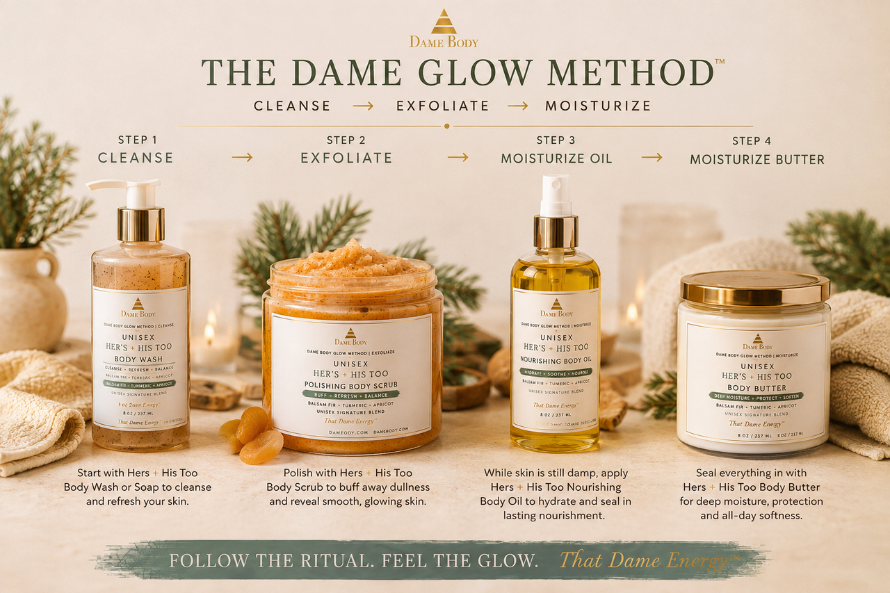 Hers + His Too body scrub, nourishing body oil and body butter glow ritual