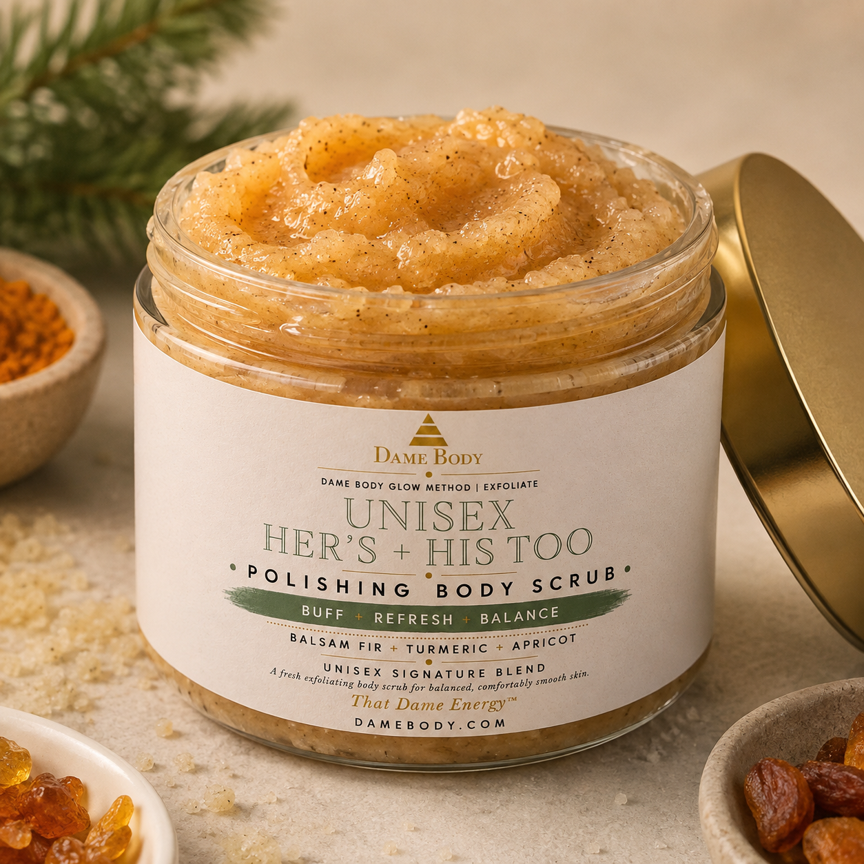 Open Hers + His Too Body Scrub showing rich mineral exfoliating texture
