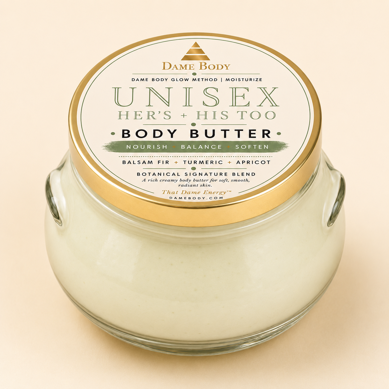 Hers + His Too Body Butter in a glass jar with gold lid and approved cream and sage Dame Body label