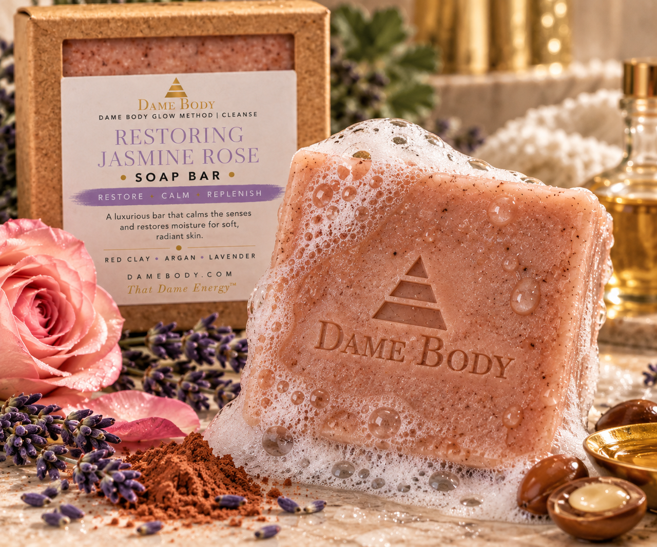 Restoring Jasmine Rose Soap Bar with creamy lather, water droplets and soft floral botanical accents