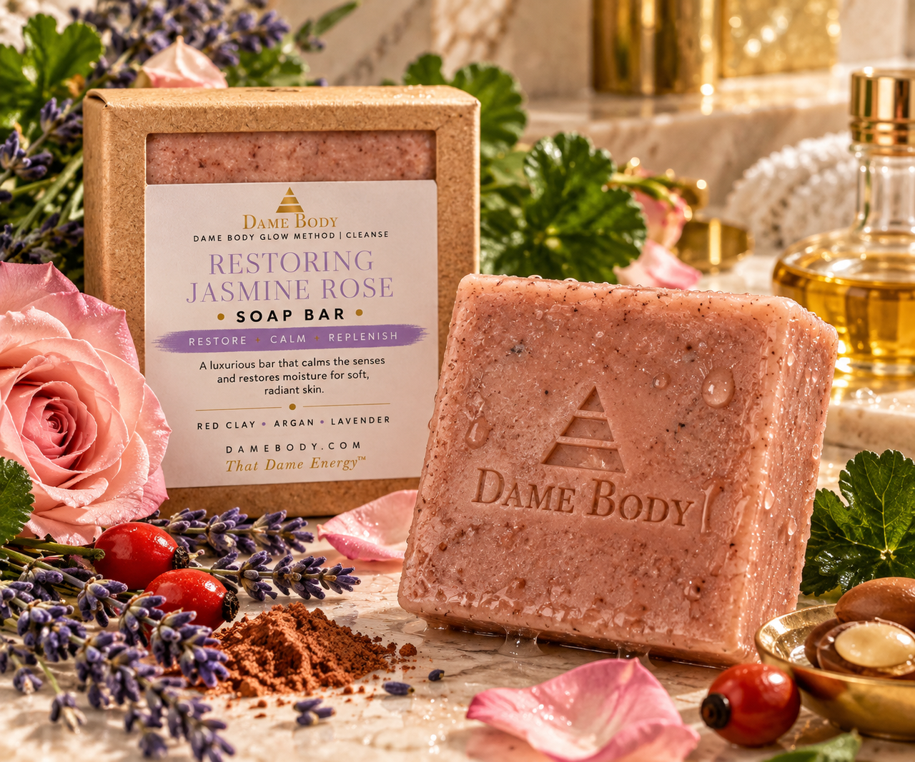 Dame Body Restoring Jasmine Rose Soap Bar in kraft square-window box with unboxed red clay botanical cleansing bar