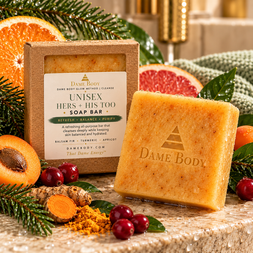 Dame Body Hers + His Too Soap Bar in kraft square-window box with unboxed botanical cleansing bar