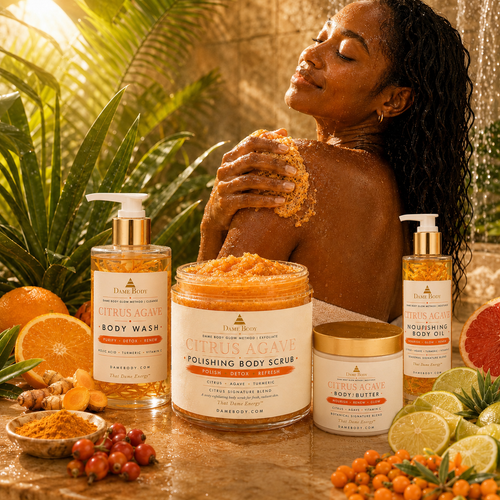 Citrus Agave Body Scrub with exfoliating cloth in a full-body shower ritual