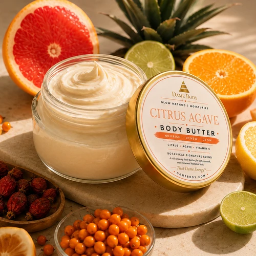 Creamy Citrus + Agave Body Butter and current orange label surrounded by citrus, rosehip and botanical imagery.
