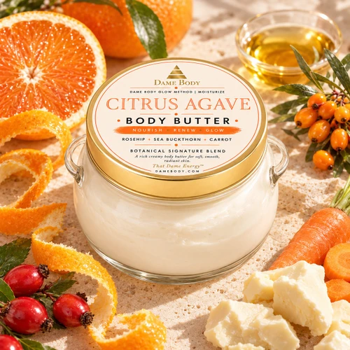 Citrus Agave Body Butter with its orange-and-gold Dame Body label, surrounded by citrus, rosehip, sea buckthorn, carrot and golden oil in warm botanical light.