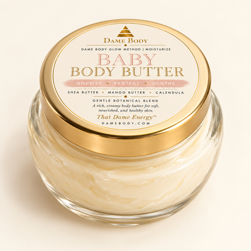 Dame Body Baby Body Butter in 8 oz clear glass tureen jar with gold lid and circular label