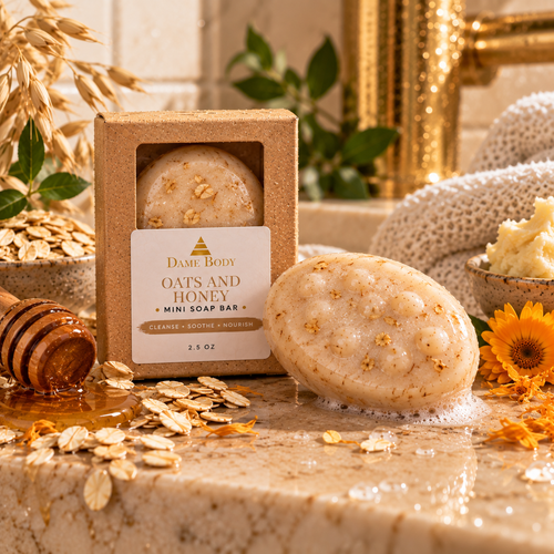 Dame Body 2.5 oz Mini Botanical Soap Bar in kraft square-window packaging with unboxed mini cleansing bar