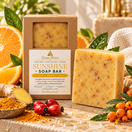 Sunshine Double Butter Soap, the 6 oz cleanser option in Full Glow; either format also includes 12 oz Scrub, 8 oz Oil and 8 oz Butter