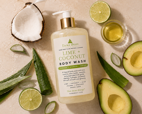 Lime + Coconut Body Wash ingredient story with aloe coconut oat and lime