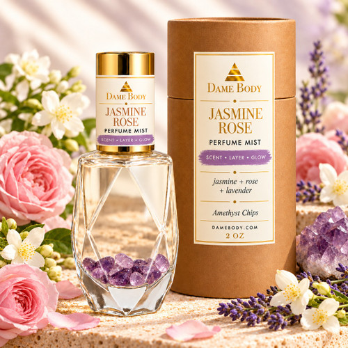 Jasmine Rose Perfume, 2 oz, with clear liquid, purple amethyst chips, gold cap and matching lavender-brushstroke kraft tube, styled with jasmine, roses and lavender.
