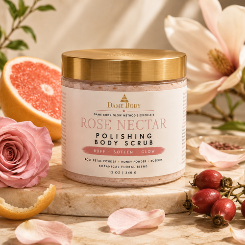 Dame Body Rose Nectar Polishing Body Scrub in a clear jar with blush botanical scrub texture, rose petals, rosehips, and soft floral styling.