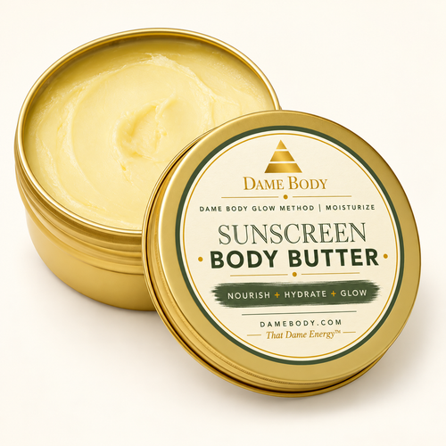Sunscreen Body Butter in its gold tin with the approved cream, sage and gold Dame Body label