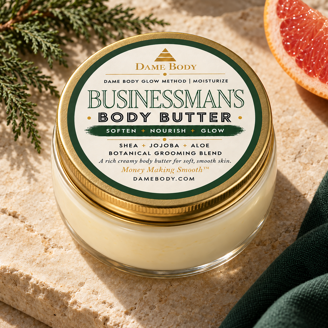 Businessman&rsquo;s Body Butter with its new cream and gold Dame Body label and deep forest green accents.