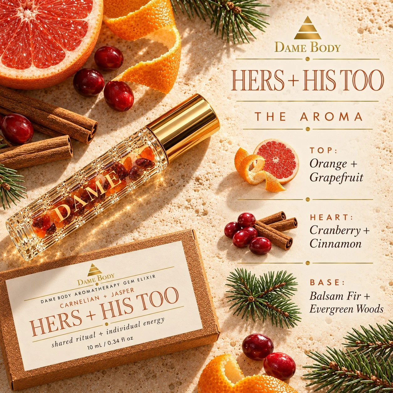 Hers + His Too fragrance notes: orange and grapefruit, cranberry and cinnamon, balsam fir and evergreen woods