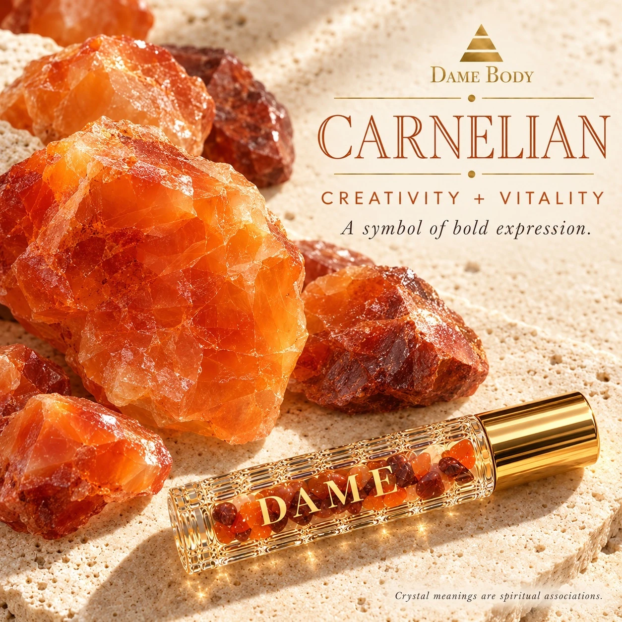 Raw orange Carnelian stones with Hers + His Too crystal roller and creative expression symbolism