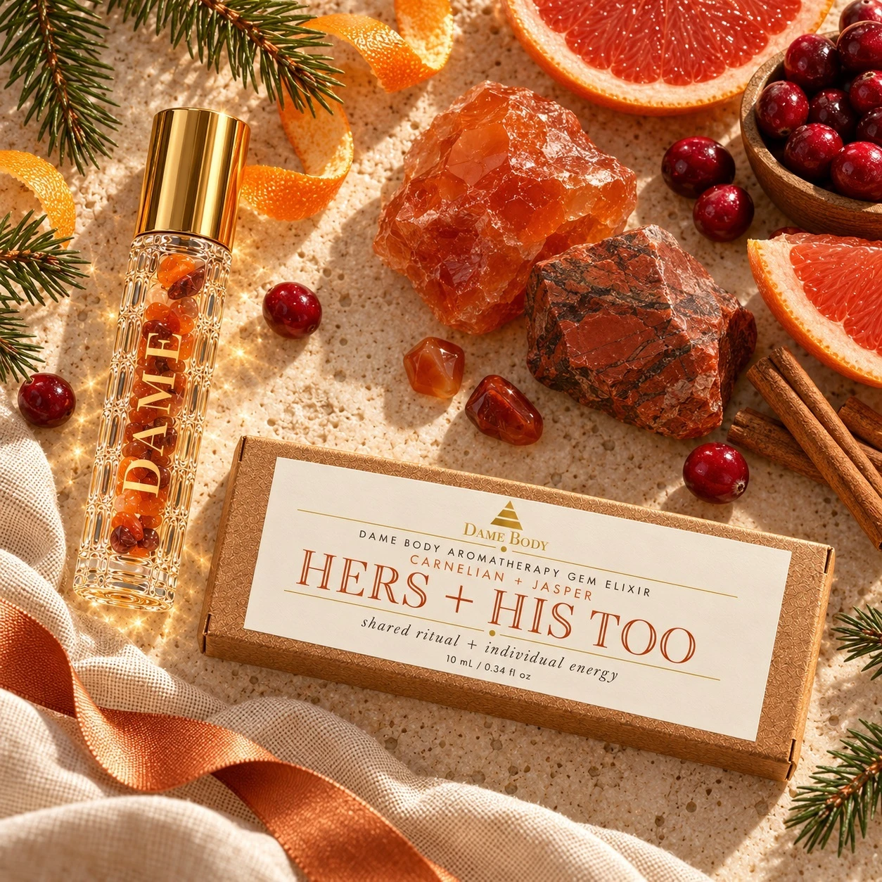 Hers + His Too roller and kraft box with citrus, cranberry, cinnamon, evergreen and Carnelian and Jasper stones