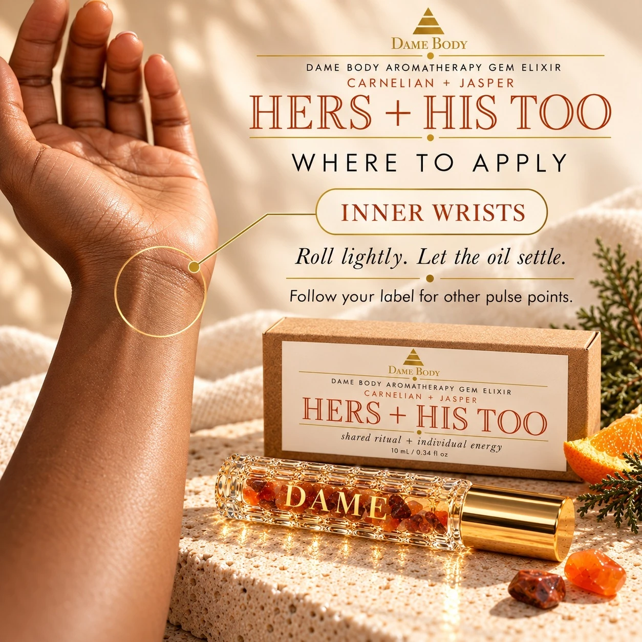 Hers + His Too inner wrist application guide
