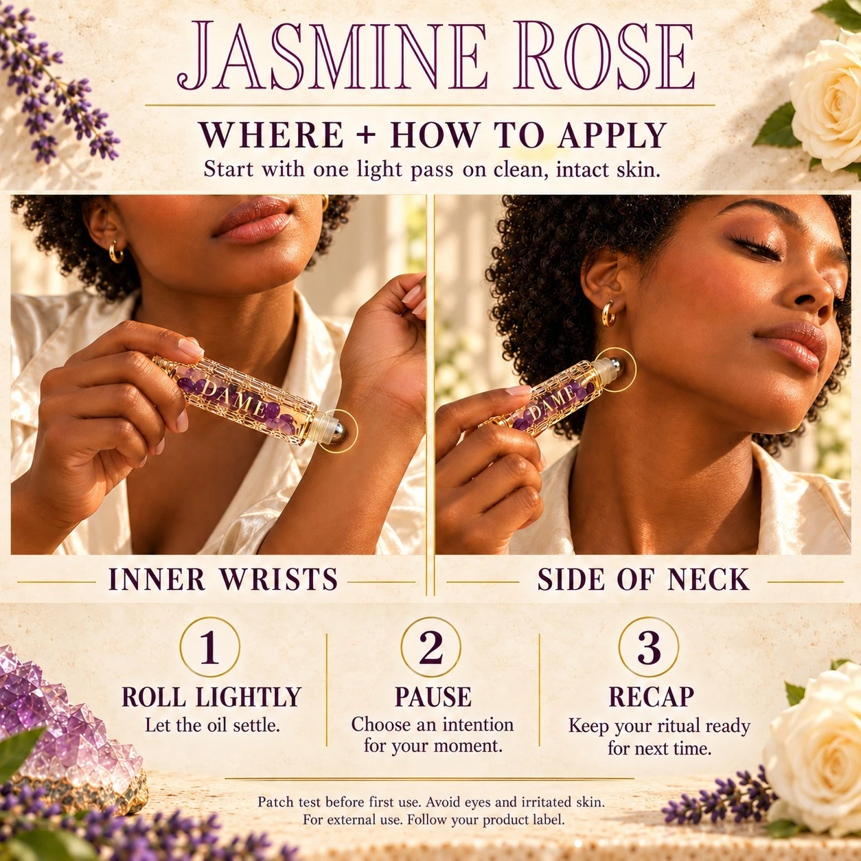 Jasmine Rose roller application guide for wrist and side of neck