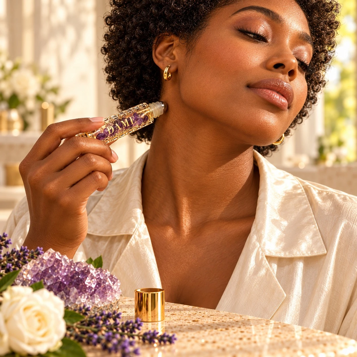 Applying Jasmine Rose crystal roller to the side of the neck