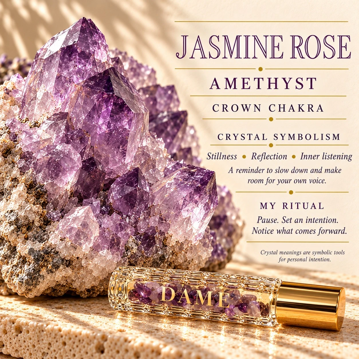 Raw purple Amethyst crystal and Jasmine Rose reflection ritual infographic