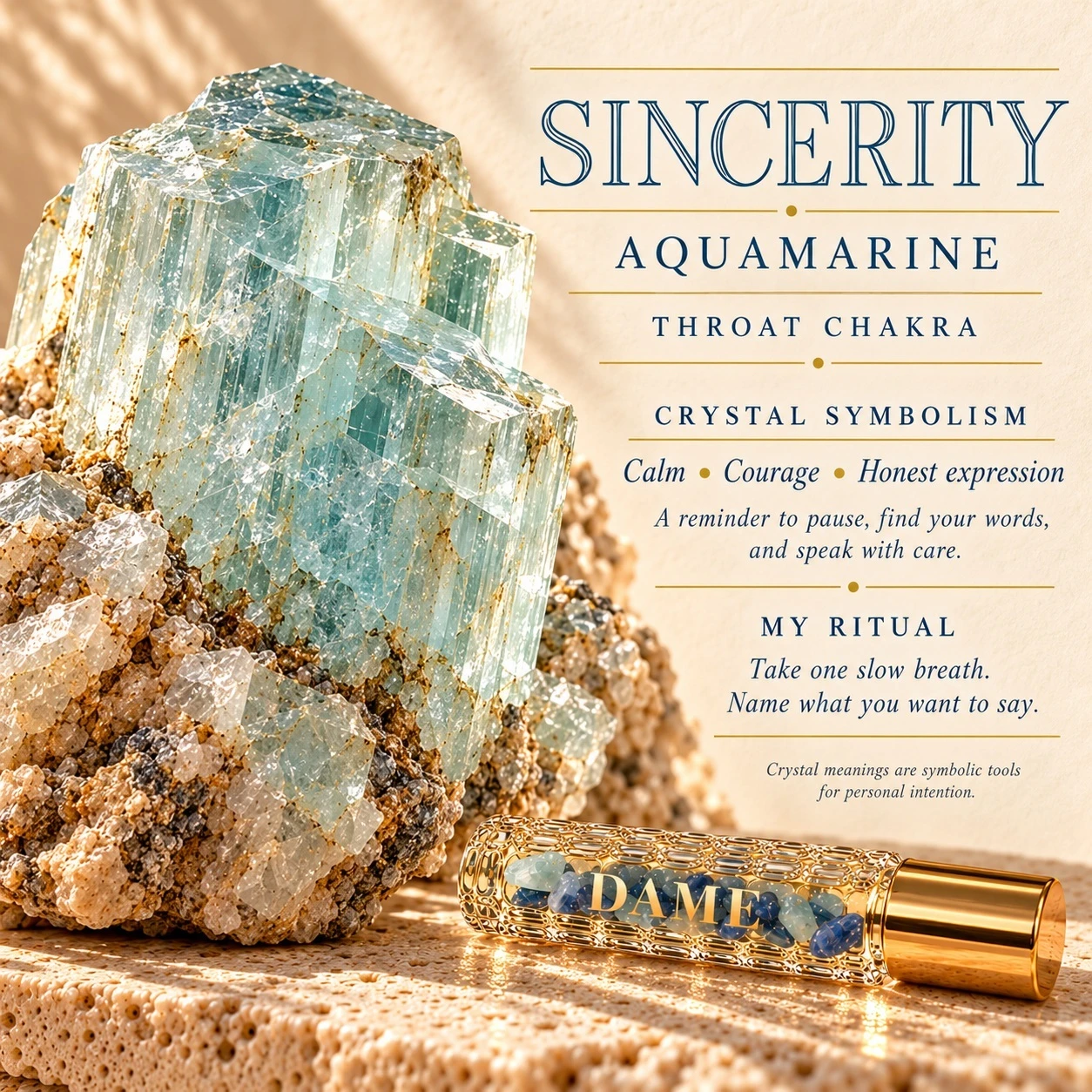 Raw Aquamarine crystal with Sincerity Throat chakra symbolism and expression ritual
