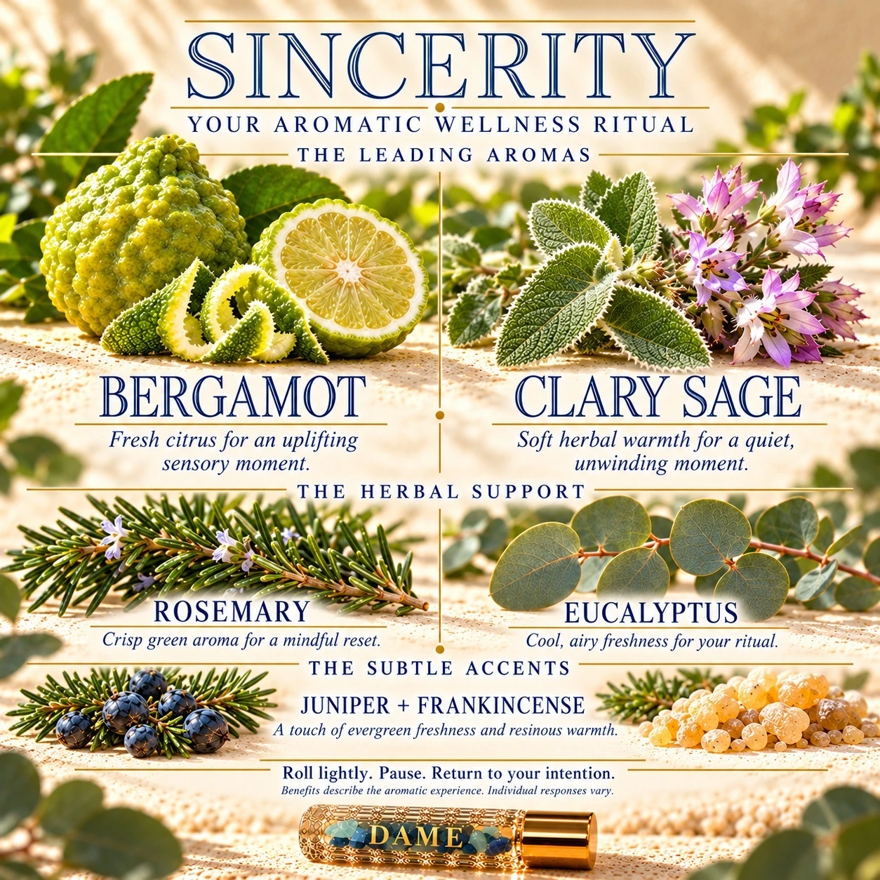 Sincerity aroma guide led by bergamot and clary sage, with rosemary, eucalyptus, subtle juniper and frankincense