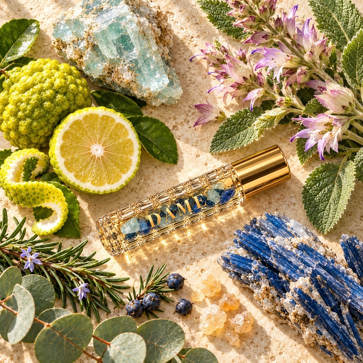 Sincerity crystal roller with bergamot, clary sage, rosemary, eucalyptus, juniper, frankincense, Aquamarine and Kyanite