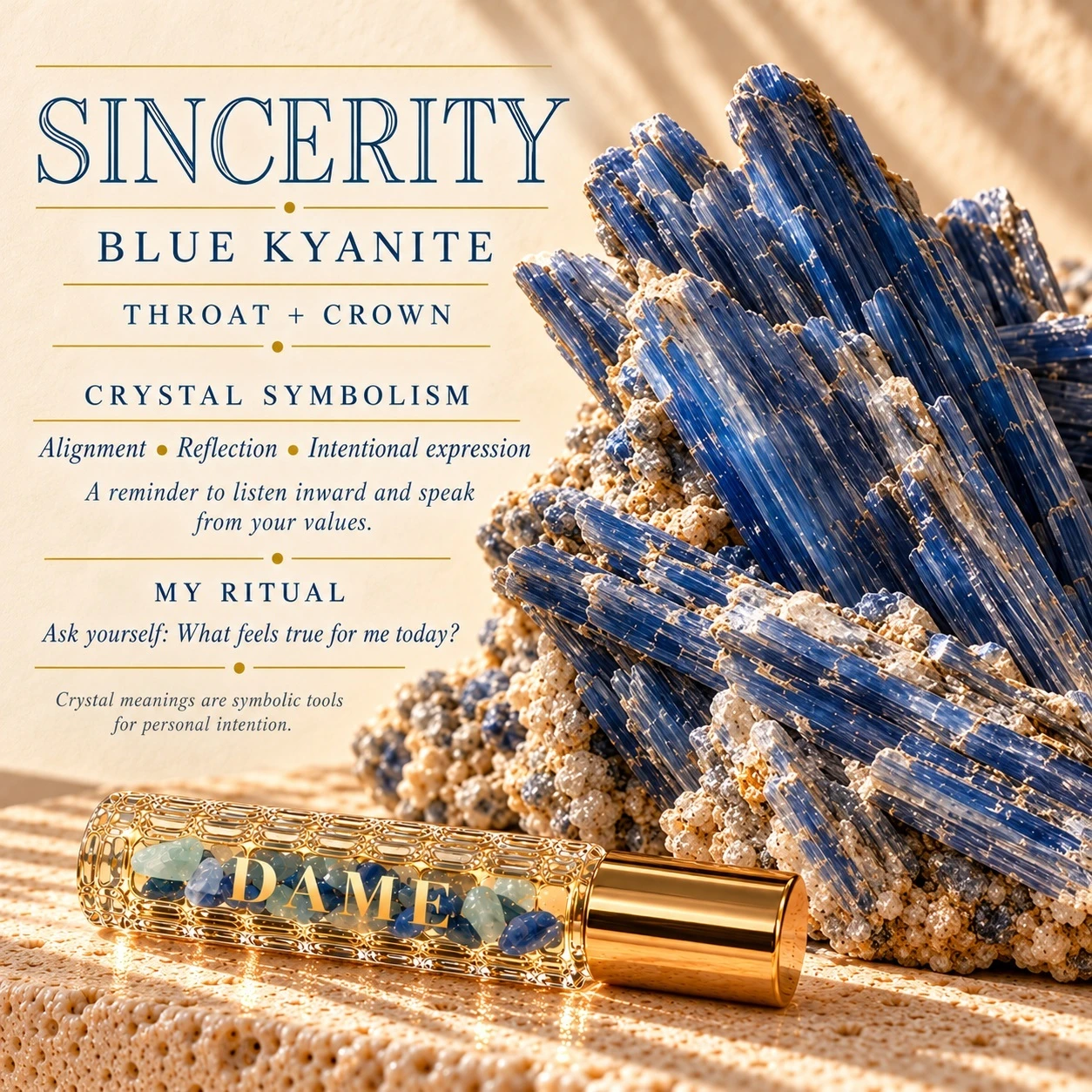 Raw Blue Kyanite with Sincerity Throat and Crown symbolism and reflective intention
