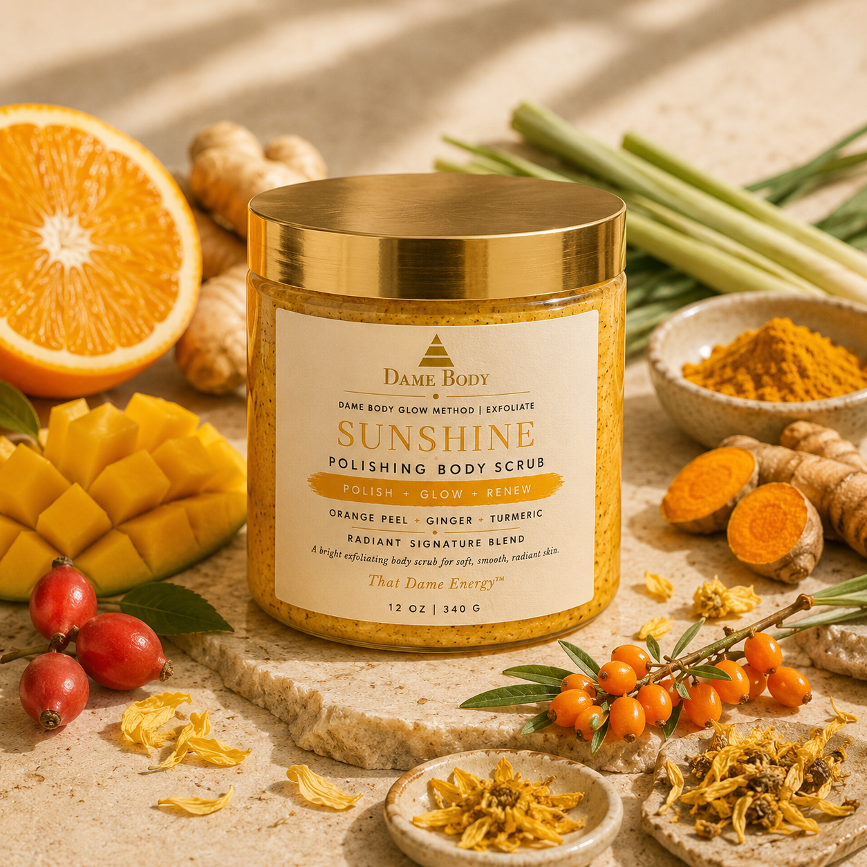 Dame Body Sunshine Polishing Body Scrub in a clear 12 oz jar with golden-orange scrub, styled with orange, mango, ginger, turmeric, rosehip, sea buckthorn, and golden botanicals.