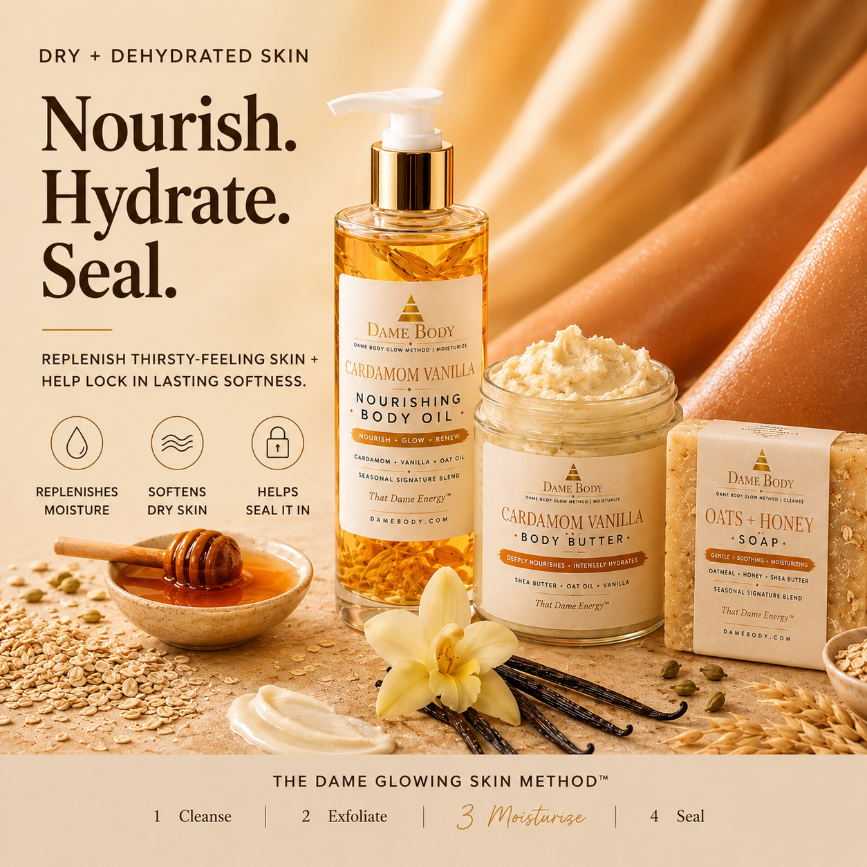 Dame Body Dry + Dehydrated collection guide with body care products and botanical styling