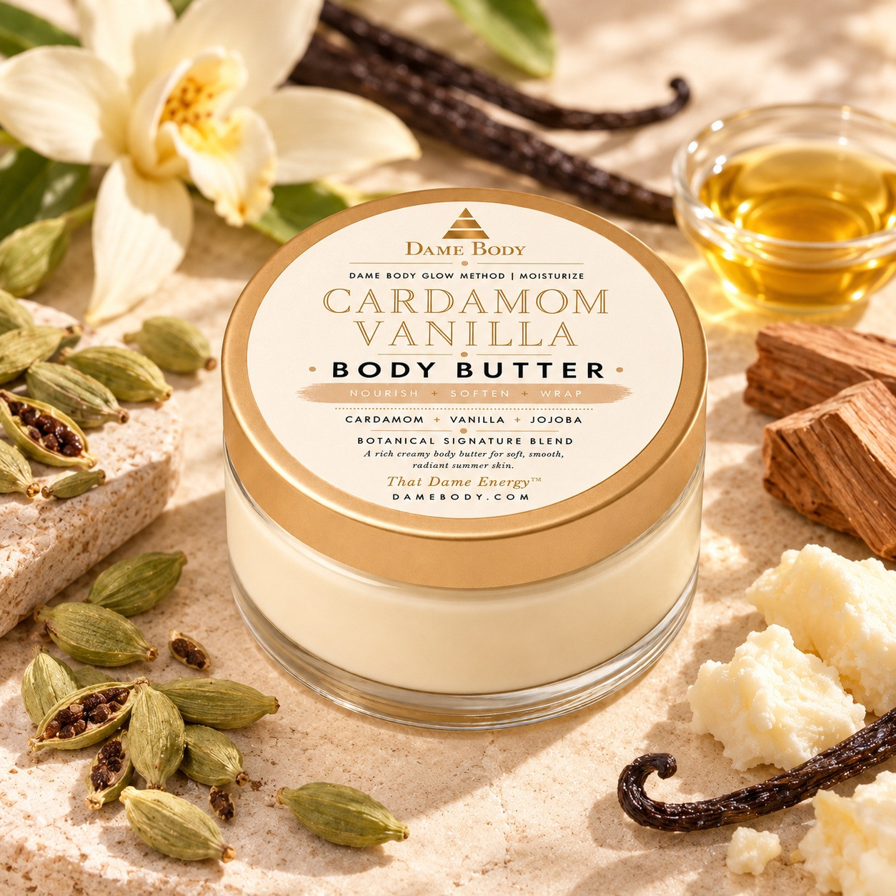 Cardamom Vanilla Body Butter with its correctly spelled tan-and-gold Dame Body label among cardamom pods, vanilla, sandalwood and jojoba oil in warm botanical light.