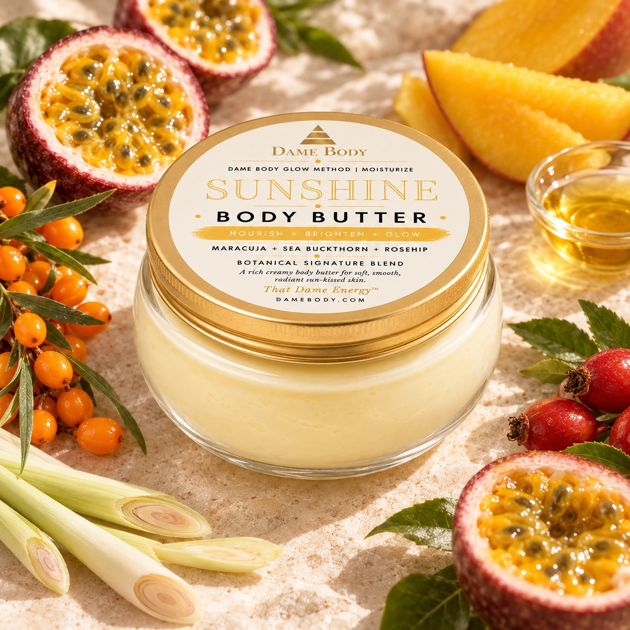 Sunshine Body Butter with its yellow-and-gold Dame Body label among passion fruit, mango, rosehip, sea buckthorn and golden oil in warm editorial light.